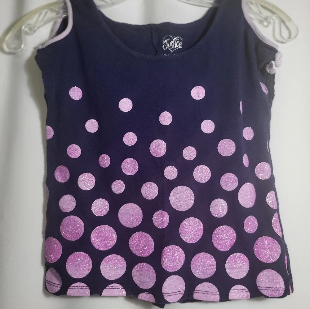 Justice 2 tops blue with purple dots blue tee girls S  #1706